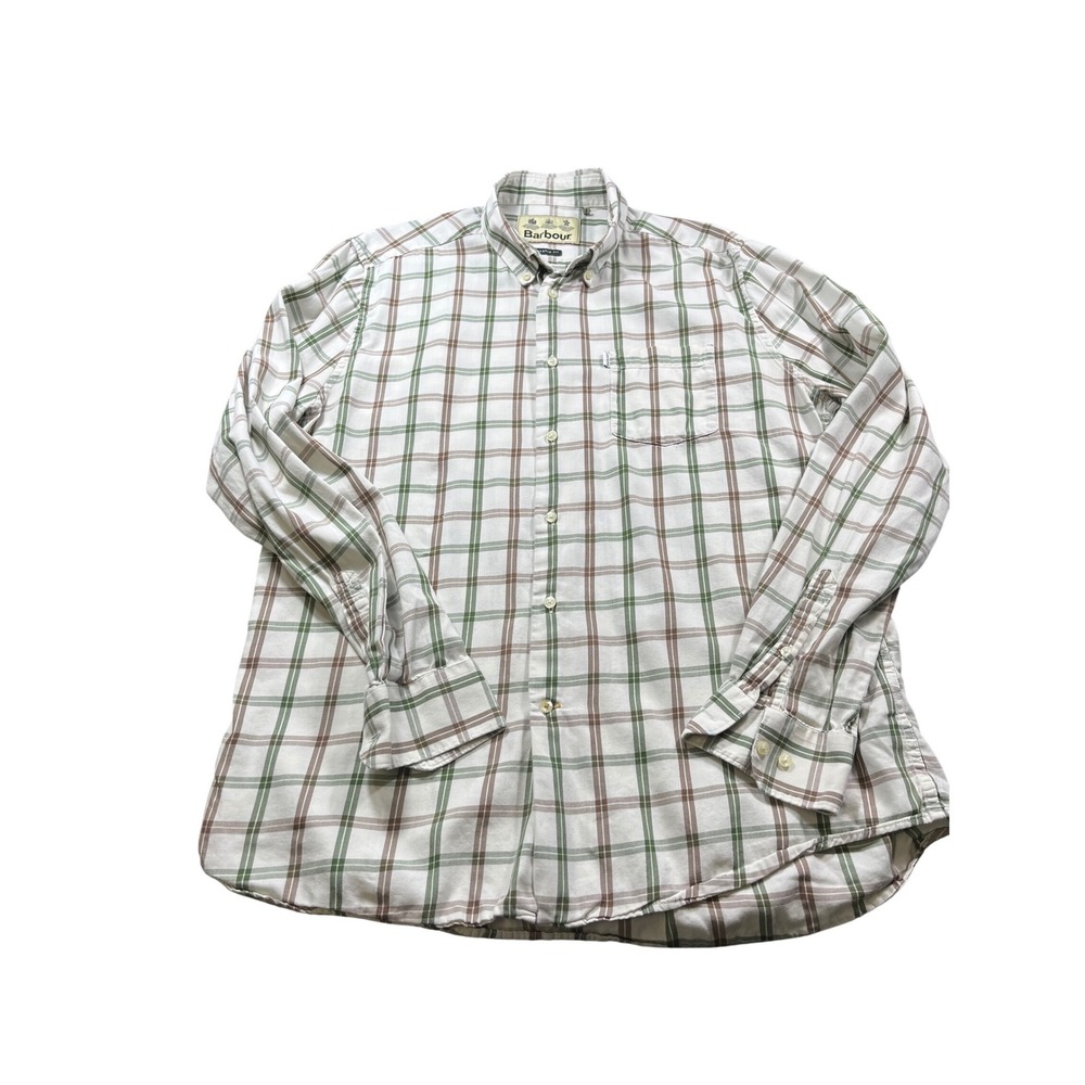 Barbour Button Down Shirt Mens‎ Large Plaid Tailored Fit Green Brown Classic